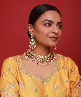 Pink & green kundan necklace set 1