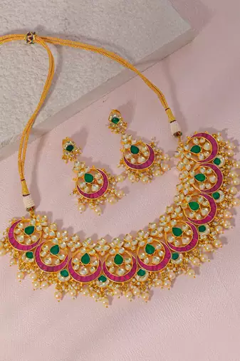 Pink & green kundan necklace set