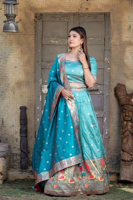 Firozi Color Paithni Silk Weaving Work Lehengacholi With Unstitched Blouse 1