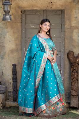 Firozi Color Paithni Silk Weaving Work Lehengacholi With Unstitched Blouse 2