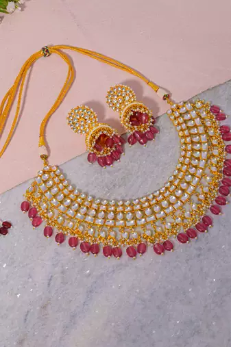 Gold & pink kundan necklace set