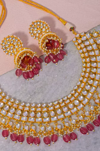 Gold & pink kundan necklace set