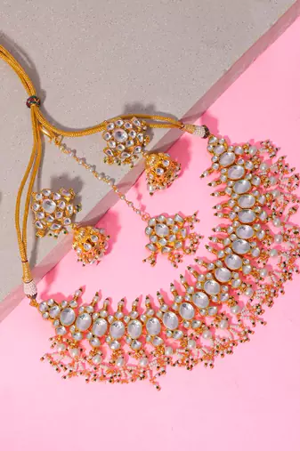 Silver & green kundan necklace set
