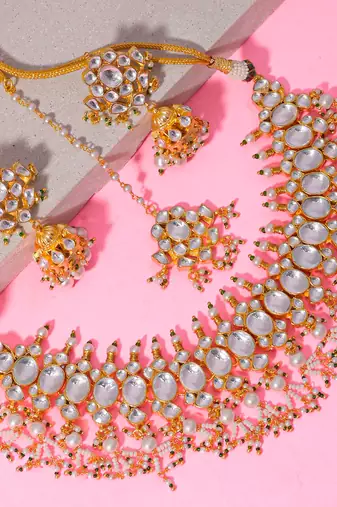 Silver & green kundan necklace set
