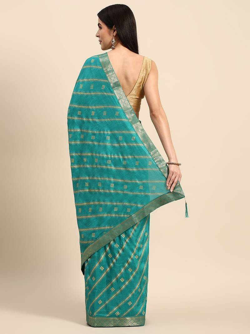 Indian Women Turquoise Green Vichitra Silk Foil Work