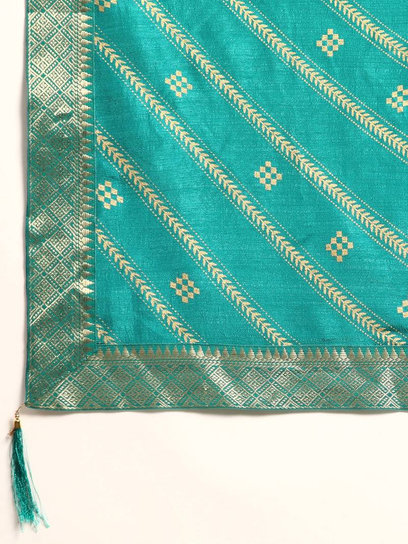 Indian Women Turquoise Green Vichitra Silk Foil Work