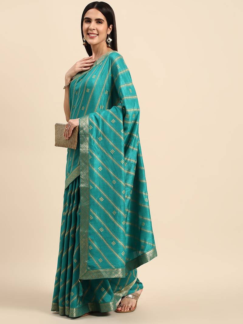 Indian Women Turquoise Green Vichitra Silk Foil Work