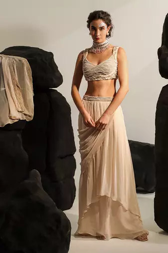Pale peach maribelle drape skirt set
