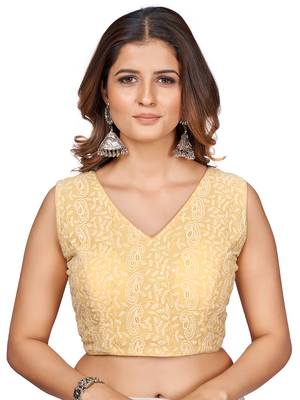 Golden  Embroidered Georgette Chikankari Saree Blouse 1