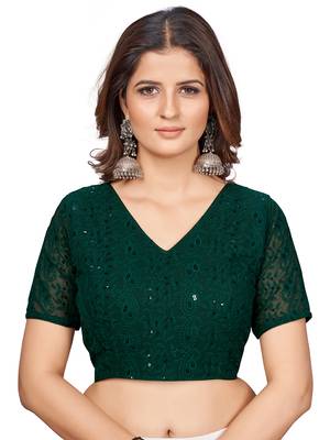 Green  Embroidered Georgette Chikankari Saree Blouse 1