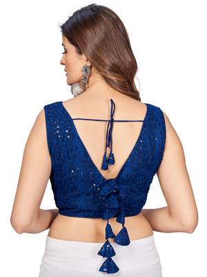 Blue  Embroidered Georgette Chikankari Saree Blouse 3