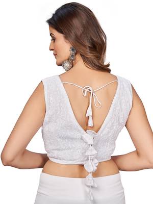 White  Embroidered Georgette Chikankari Saree Blouse 3