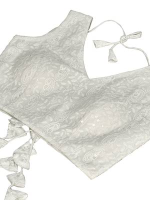 White  Embroidered Georgette Chikankari Saree Blouse 4