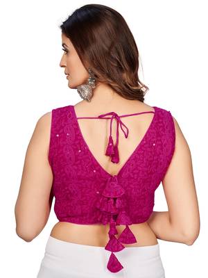 Pink  Embroidered Georgette Chikankari Saree Blouse 3