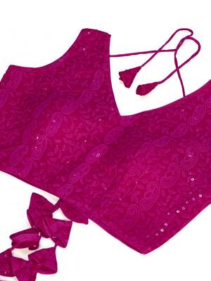 Pink  Embroidered Georgette Chikankari Saree Blouse 4