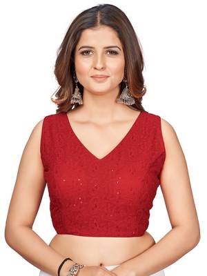Red  Embroidered Georgette Chikankari Saree Blouse 1