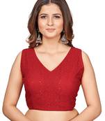 Red  Embroidered Georgette Chikankari Saree Blouse