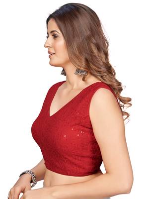 Red  Embroidered Georgette Chikankari Saree Blouse 2