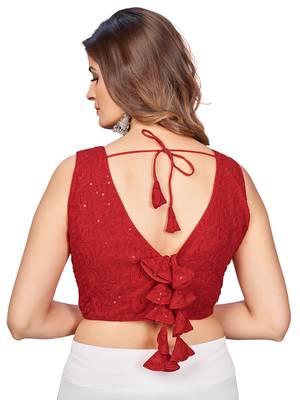 Red  Embroidered Georgette Chikankari Saree Blouse 3