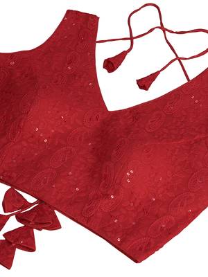 Red  Embroidered Georgette Chikankari Saree Blouse 4