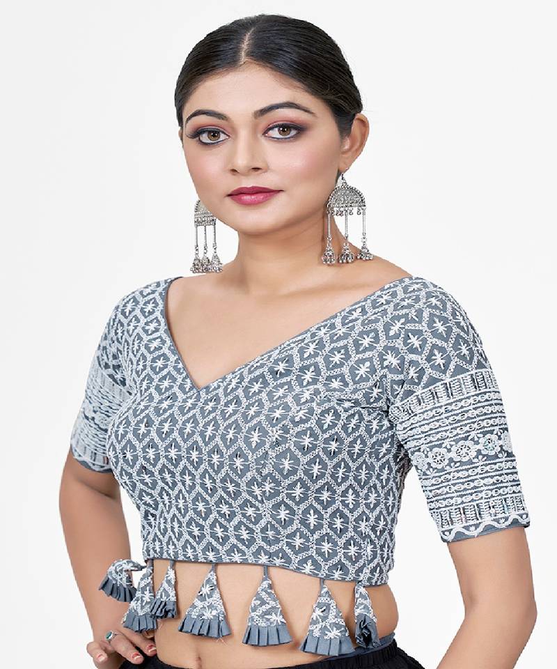 Grey  Embroidered Georgette Sequinced  Saree Blouse