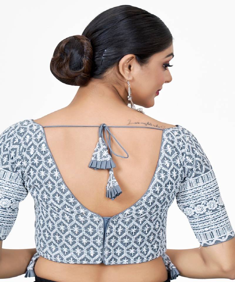 Grey  Embroidered Georgette Sequinced  Saree Blouse