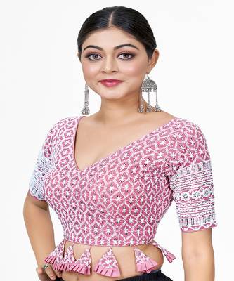 Light Pink  Embroidered Georgette Sequinced  Saree Blouse 4