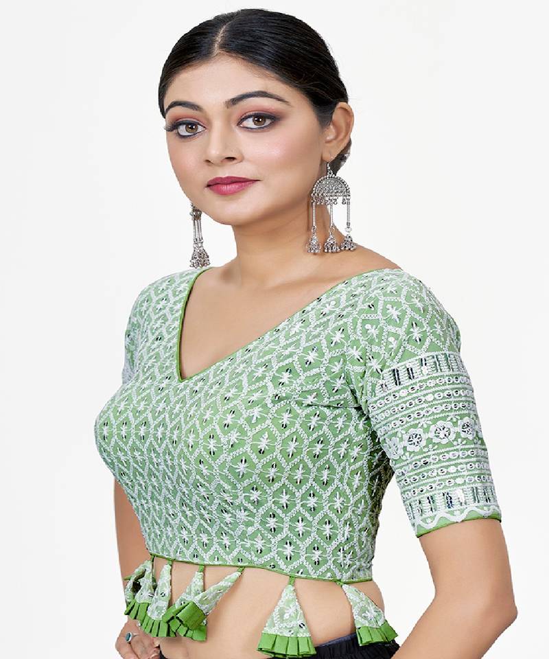 Light Green  Embroidered Georgette Sequinced  Saree Blouse