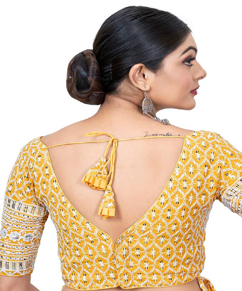 Yellow  Embroidered Georgette Sequinced  Saree Blouse
