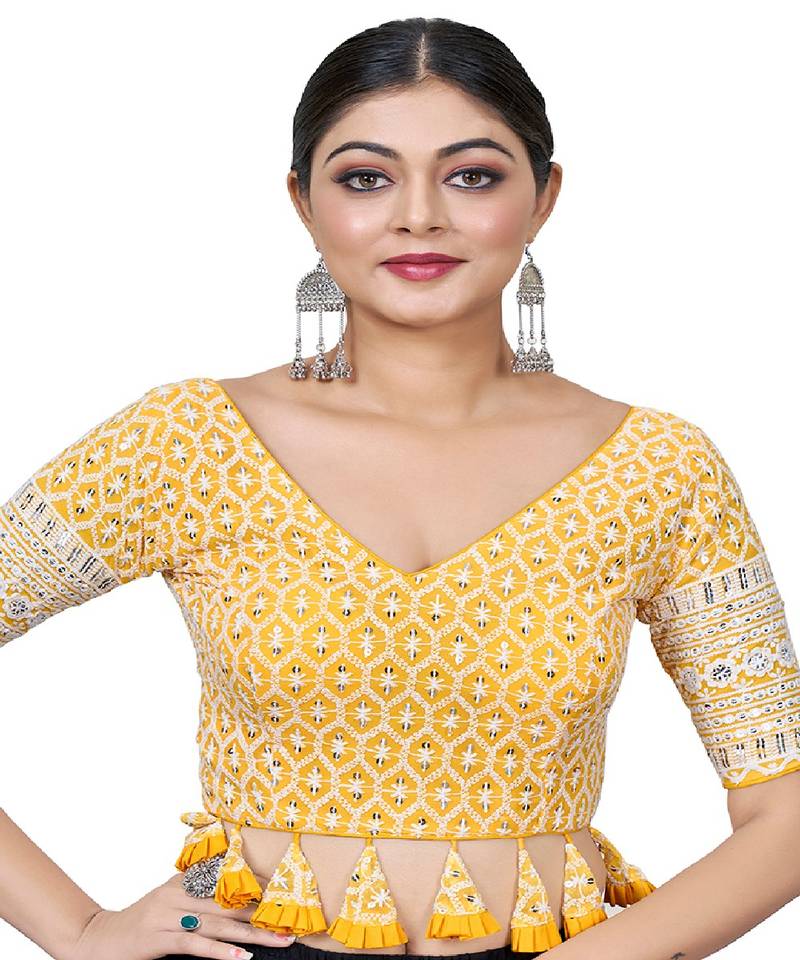 Yellow  Embroidered Georgette Sequinced  Saree Blouse