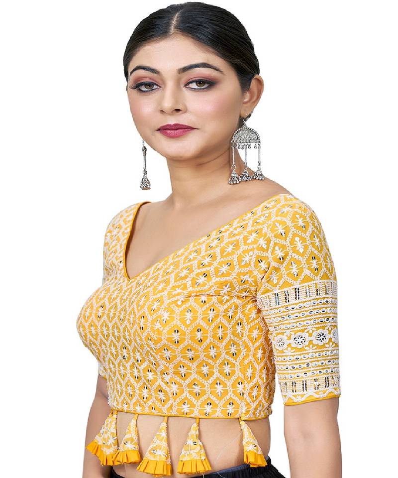 Yellow  Embroidered Georgette Sequinced  Saree Blouse