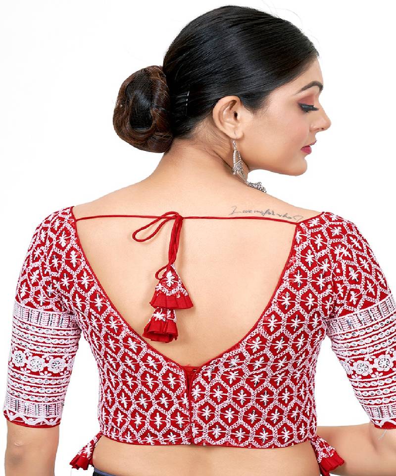 Red  Embroidered Georgette Sequinced  Saree Blouse