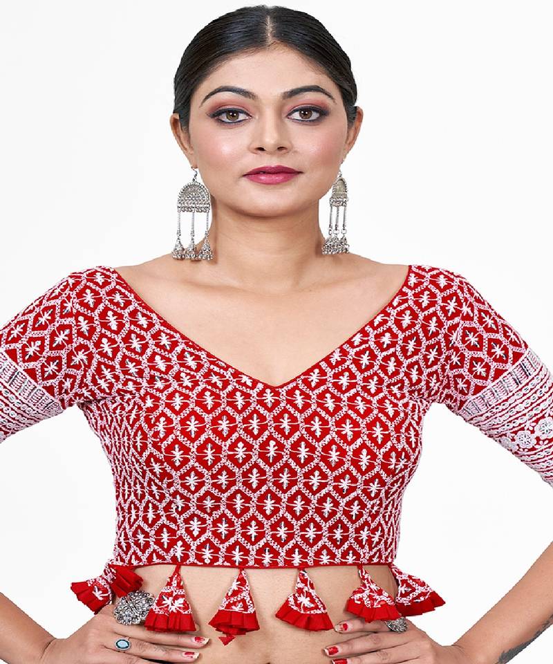 Red  Embroidered Georgette Sequinced  Saree Blouse