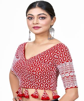 Red  Embroidered Georgette Sequinced  Saree Blouse 4