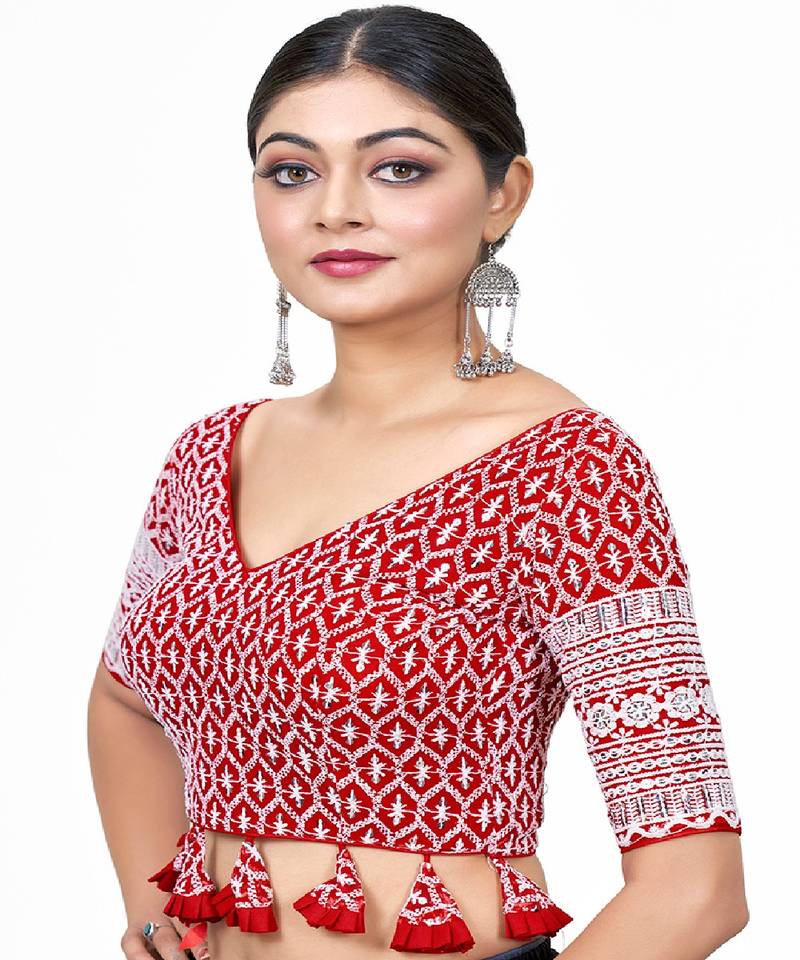 Red  Embroidered Georgette Sequinced  Saree Blouse