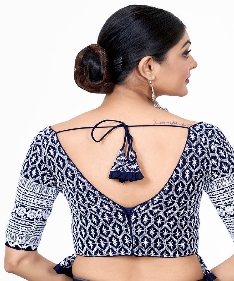 Navy Blue  Embroidered Georgette Sequinced  Saree Blouse