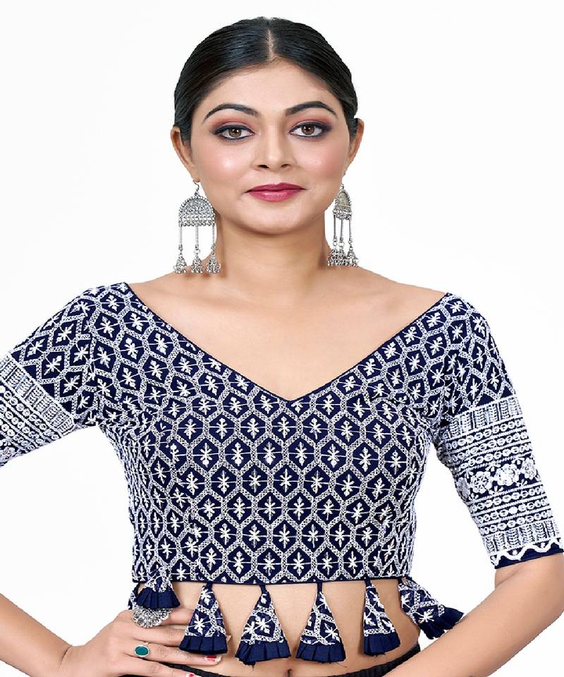 Navy Blue  Embroidered Georgette Sequinced  Saree Blouse