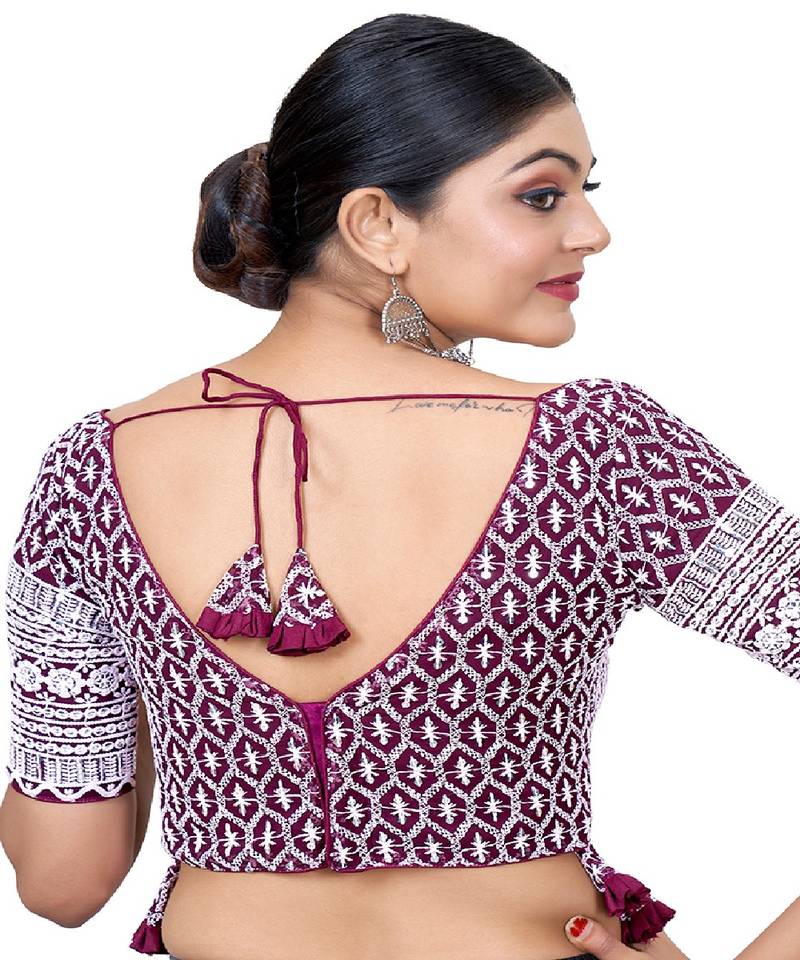 Purple  Embroidered Georgette Sequinced  Saree Blouse