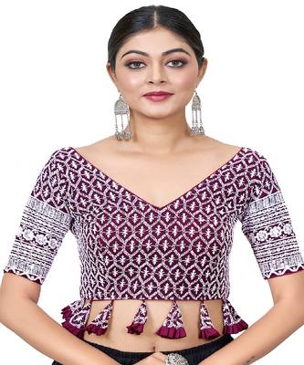 Purple  Embroidered Georgette Sequinced  Saree Blouse 3