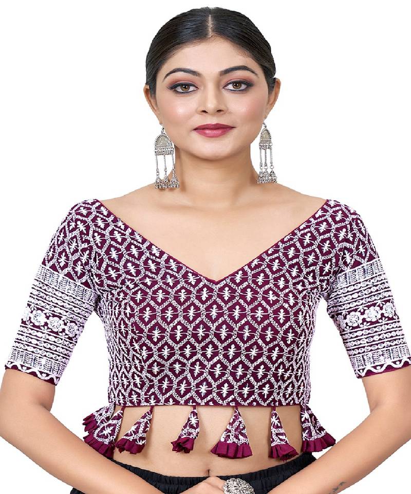 Purple  Embroidered Georgette Sequinced  Saree Blouse
