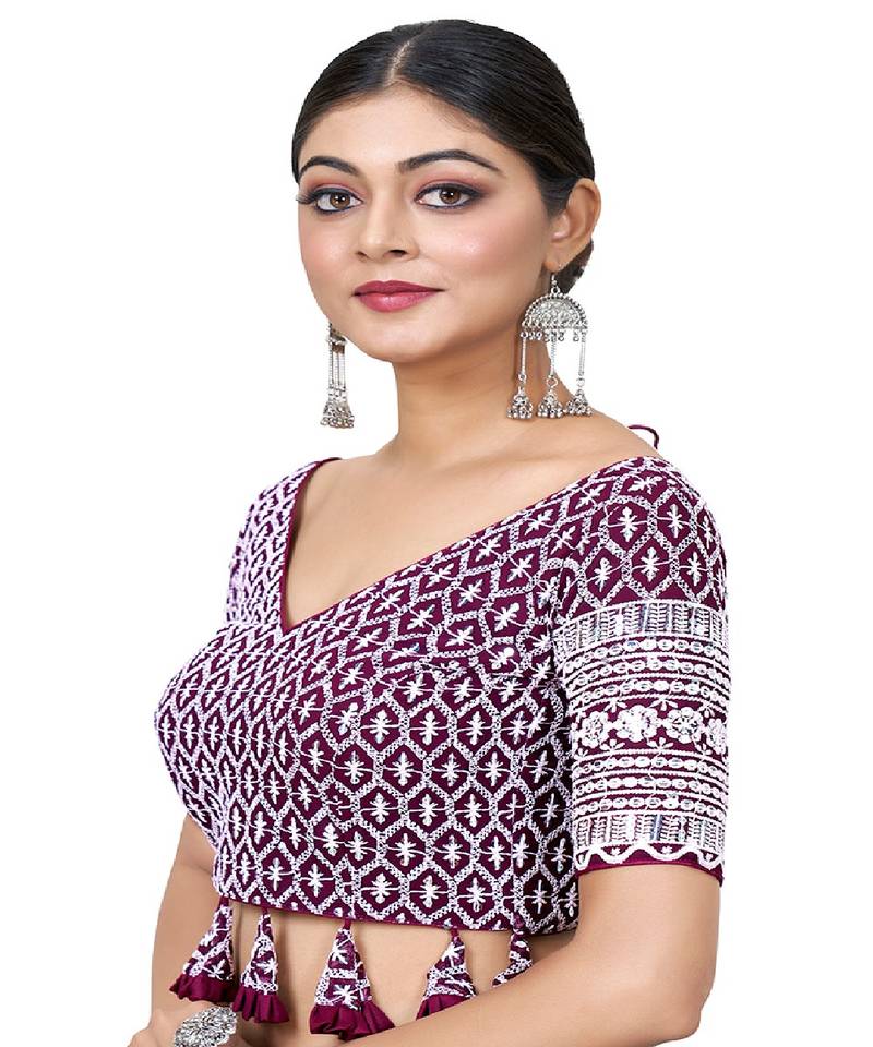 Purple  Embroidered Georgette Sequinced  Saree Blouse
