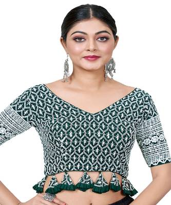 Green  Embroidered Georgette Sequinced  Saree Blouse 3