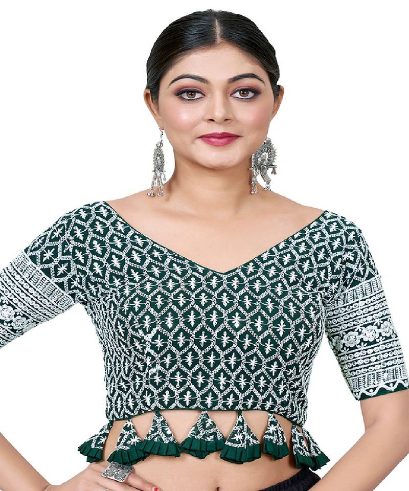 Green  Embroidered Georgette Sequinced  Saree Blouse
