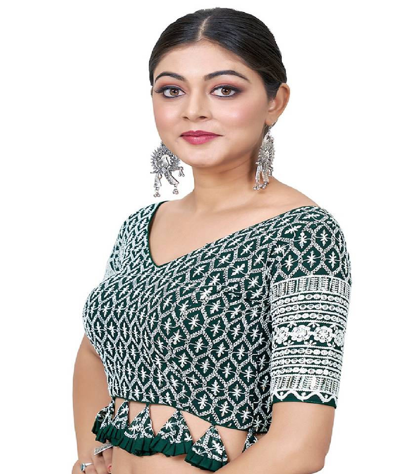 Green  Embroidered Georgette Sequinced  Saree Blouse