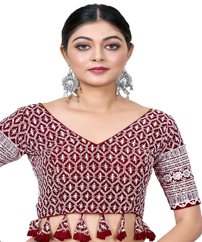 Maroon  Embroidered Georgette Sequinced  Saree Blouse
