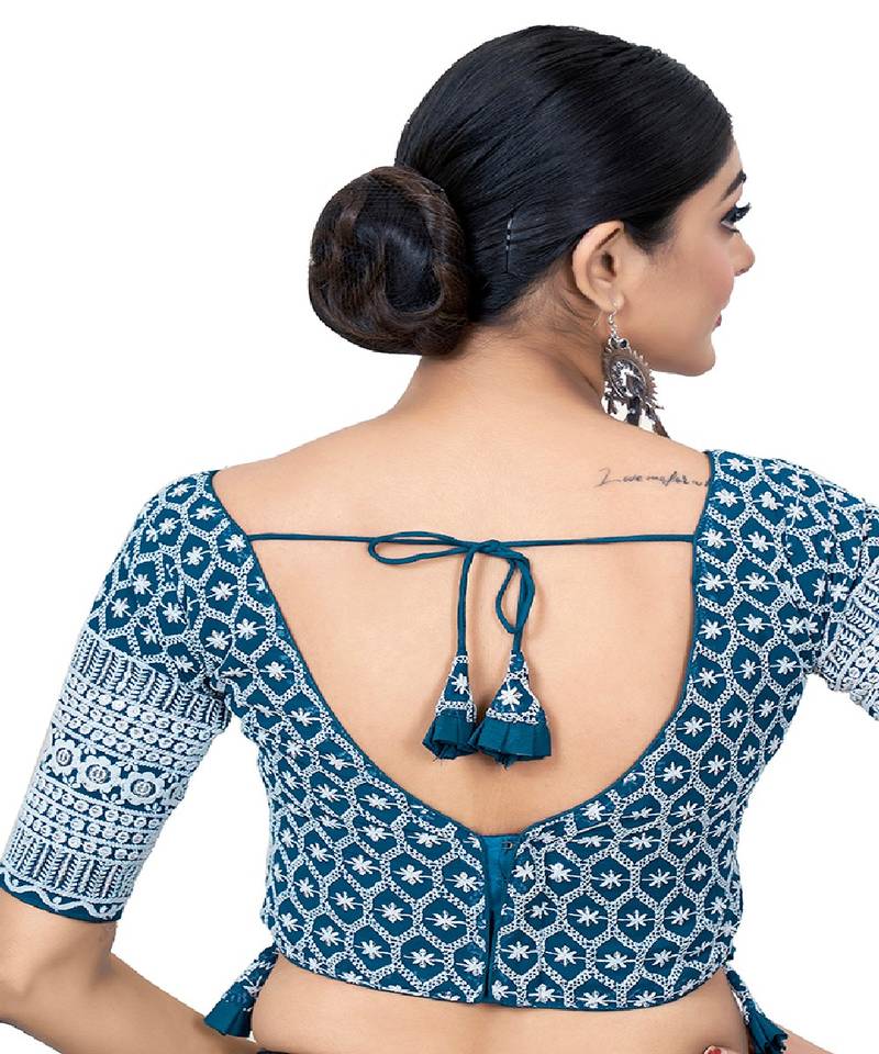 Teal Blue  Embroidered Georgette Sequinced  Saree Blouse