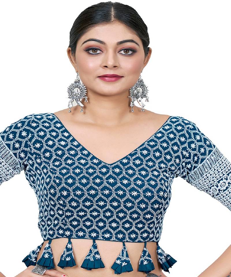 Teal Blue  Embroidered Georgette Sequinced  Saree Blouse