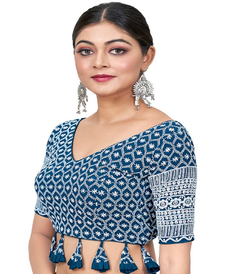 Teal Blue  Embroidered Georgette Sequinced  Saree Blouse