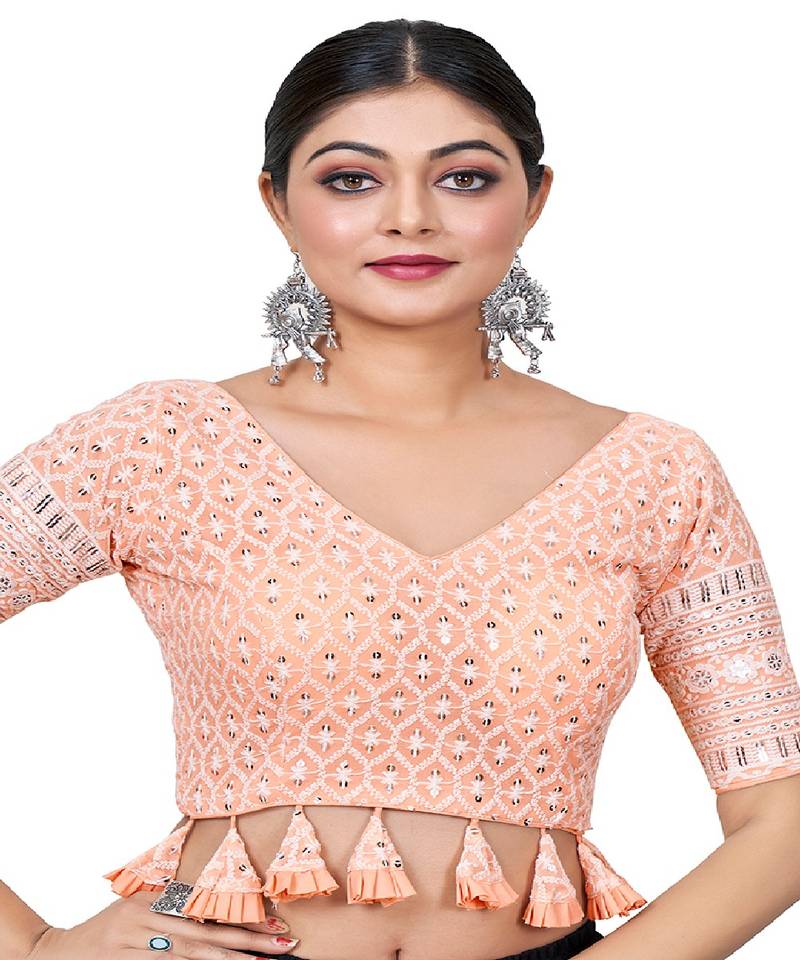 Peach  Embroidered Georgette Sequinced  Saree Blouse