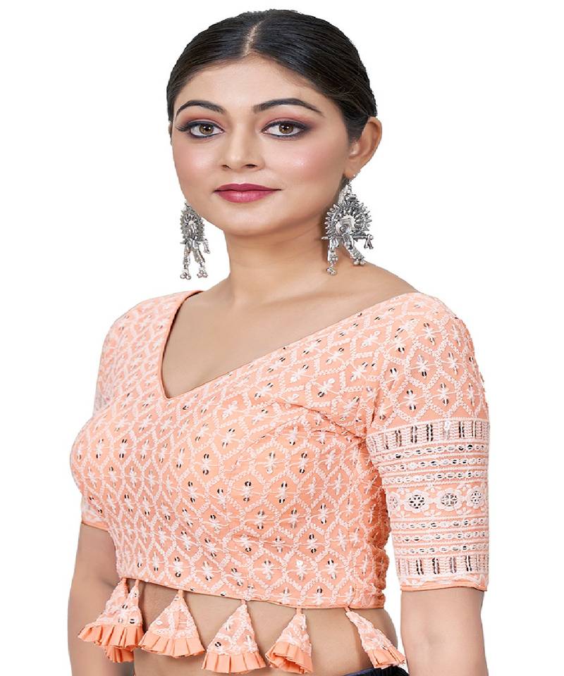 Peach  Embroidered Georgette Sequinced  Saree Blouse